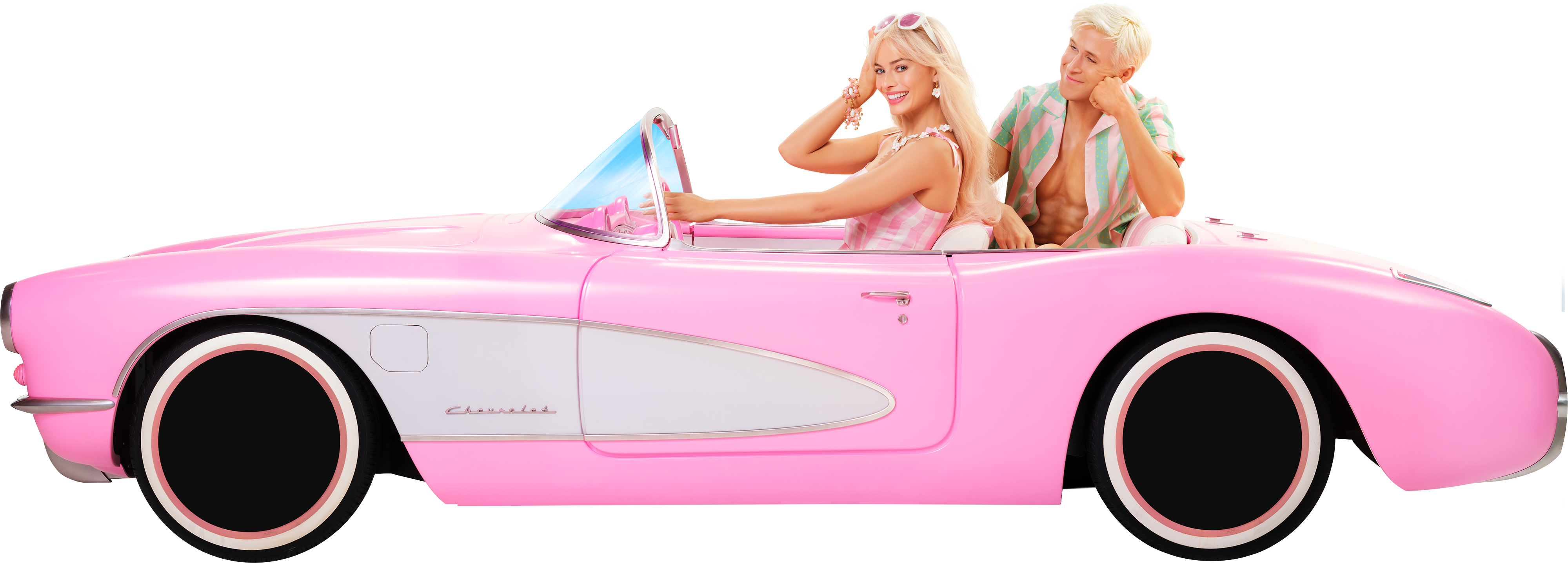 Barbie smiles as she drives her pink convertible. Ken sits in the back seat and looks at Barbie in adoration.