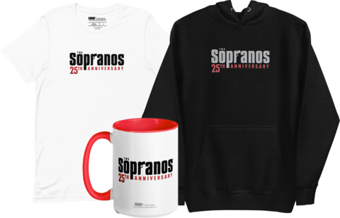 Merchandise from The Sopranos 25th Anniversary, t-shirt, mug, sweatshirt with logos