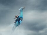 Aquaman rides his giant, blue seadragon, Storm.