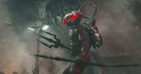 Black Manta holds the Black Trident while wearing his specialized diving suit and helmet with glowing red eyes.