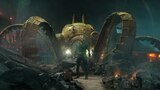 Orm stands in front of the Octobot, surrounded by rubble.