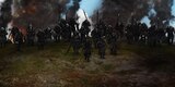 An army of men descend a hill on foot, many wearing skull masks and carrying spears and shields.