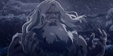 Helm Hammerhand stands in the snow with his hands raised and looks at something out of frame.