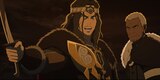 Wulf holds up a sword and looks at something out of frame. General Targg stands behind him.