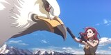 Héra attempts to gently stroke the beak of a Great Eagle.