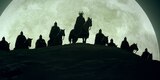 Helm Hammerhand and his army sit on horses at the top of a hill, backlit by the moon.