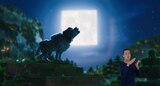 A wolf stands on a small hill and howls at the square moon. ASL interpreter Sophia Morales signs “howling.”