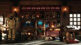 Steve’s stash: A carefully organized collection of items arranged on wood shelves flanked by a suit of golden armor on the left and a podium holding several large books on the right. From top to bottom, the items on the shelves include: TNT, a jack-o'-lantern, an ender pearl, a melon slice, a golden apple, a leather helmet, golden carrots, fire charges, boots of swiftness, a diamond helmet, potions, multiple books, a lantern, potatoes, a spyglass, a turtle shell, and firework rockets.