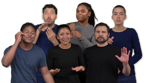 Six interpreters are grouped in a staggered row. From left to right: Otis Jones, Giovanni Maucere, Leila Hanaumi, Nakia Smith, Daniel Durant, and Sophia Morales.