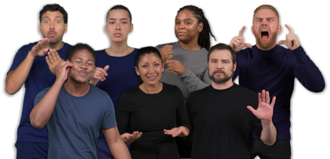 Seven interpreters are grouped in two rows. In the top row, from left to right: Giovanni Maucere, Sophia Morales, Nakia Smith, and Justin Jackerson. In the bottom row, from left to right: Otis Jones, Leila Hanaumi, and Daniel Durant.