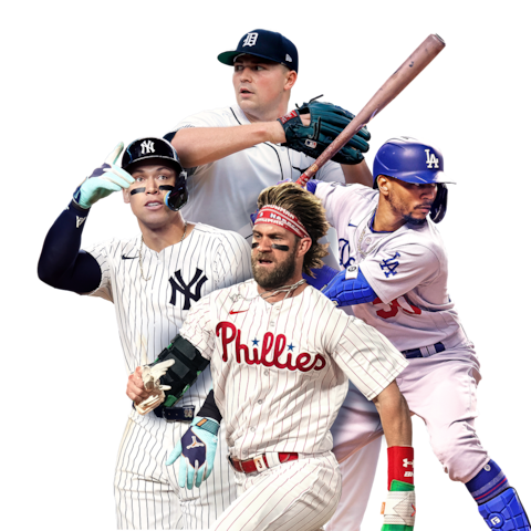 Collage of four MLB playersāa batter celebrating, a baserunner, a batter in stance, and a pitcher mid-windup.