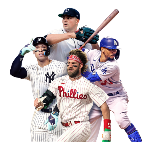 Collage of four MLB players—a batter celebrating, a baserunner, a batter in stance, and a pitcher mid-windup.