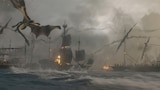 Several wooden warships sail through a chaotic naval battle as a large dragon flies overhead. Flames and glowing embers light the masts and sails while waves crash against the ships. The sky is filled with smoke.