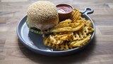 Mexi-Mac Burgers and Waffle Fries with Taco Sauce